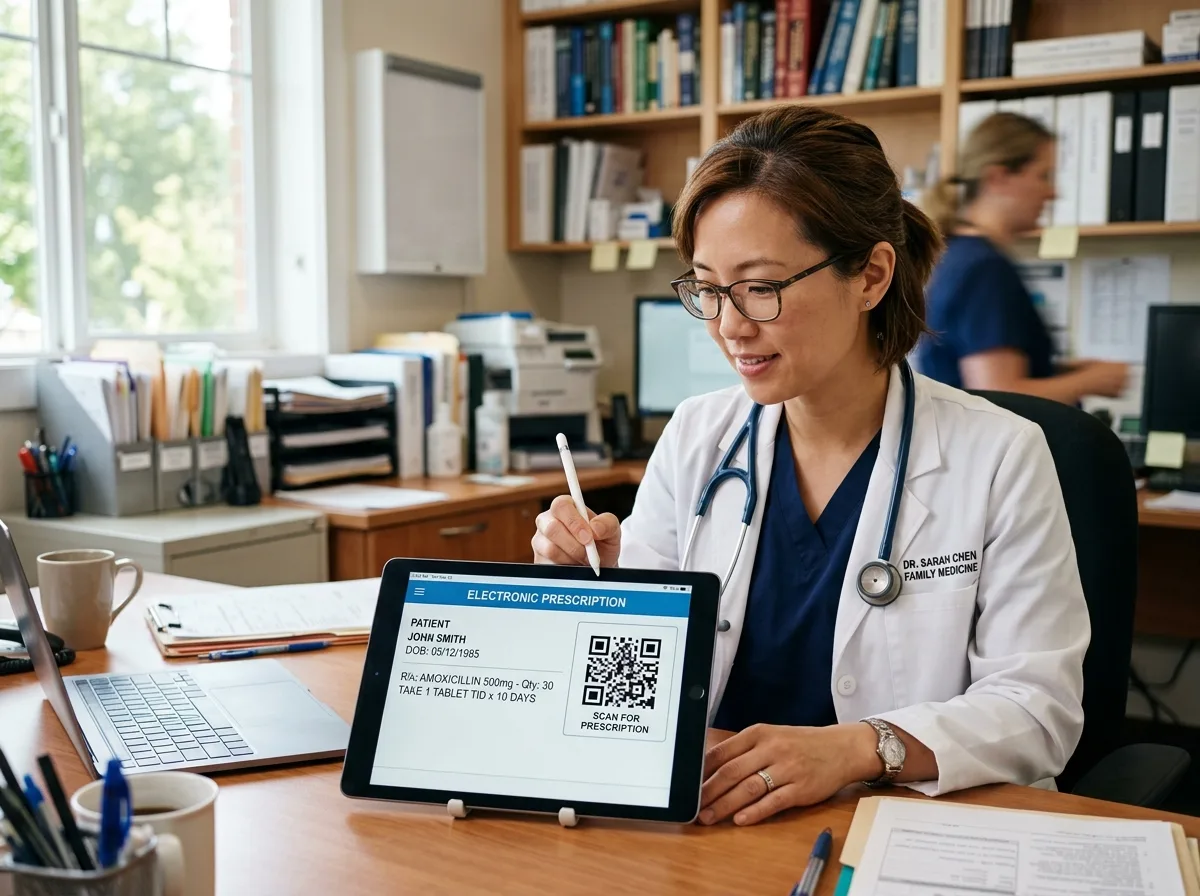Врач выписывает электронный рецепт с QR-кодом на планшете в медицинском кабинете