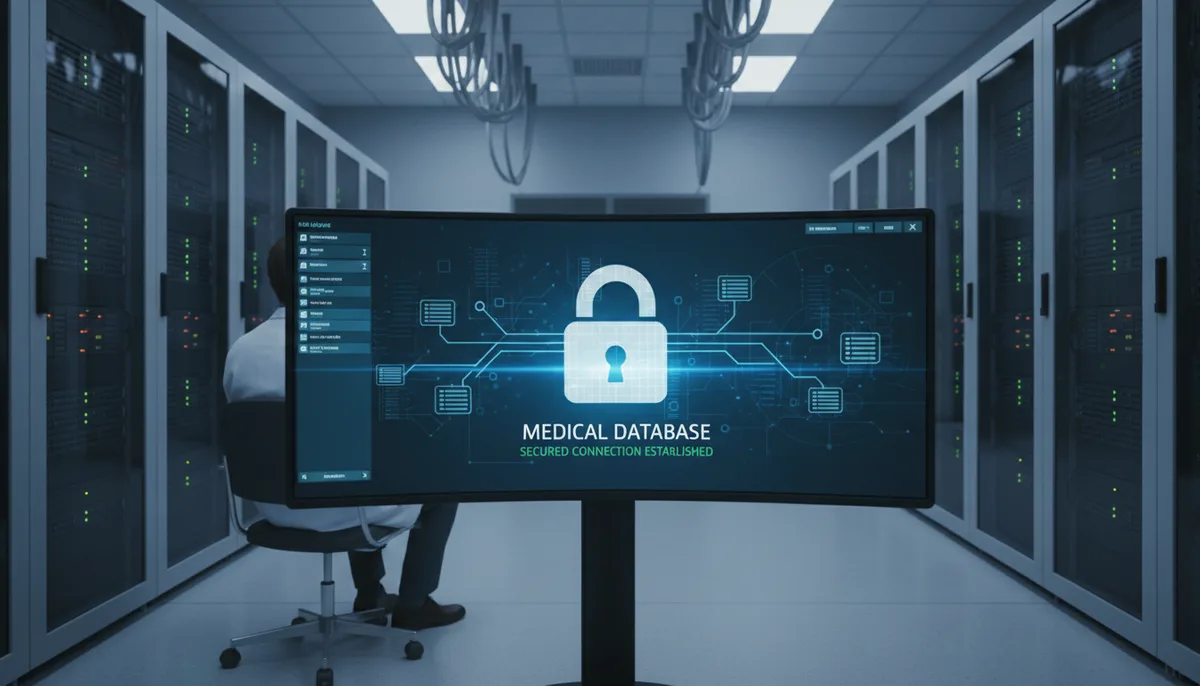 серверная комната, замок на экране монитора, медицинская база данных, защищённое соединение